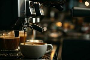 caffè espresso scrosciante a partire dal caffè macchina a bar. generativo ai professionista foto