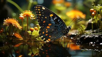 bellissimo farfalla nel un' ruscello vicino verde impianti generato di ai foto