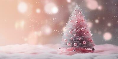 ai generato rosa Natale albero con fronzolo sospeso su il Natale albero con scintillante leggero macchiare. foto