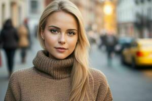 bellissimo donna nel un' maglione su il strada. generativo ai professionista foto