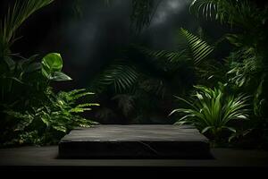 vuoto nero pietra piattaforma con tropicale impianti su buio background.generative ai. foto