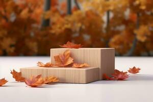 autunno concetto vuoto di legno podio circondato di caduto le foglie su bianca sfondo 3d rendere. generativo ai. foto