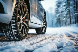 inverno pneumatico. auto su neve strada. pneumatici su nevoso autostrada dettaglio. generativo ai. foto