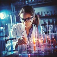 professionale femmina medicina scienziato nel protettivo occhiali ricercando tubo reagenti foto