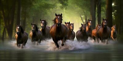 cavalli gruppo in esecuzione attraverso il acqua foto