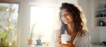 contento caucasico ragazza andando per bevanda caffè nel cucina foto