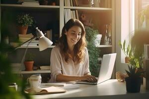 attraente woma n Lavorando con un' il computer portatile. autore, libero professionista, studente o opera a partire dal casa concetto. foto