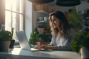 attraente woma n Lavorando con un' il computer portatile. autore, libero professionista, studente o opera a partire dal casa concetto. foto