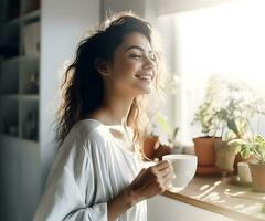 contento caucasico ragazza andando per bevanda caffè nel cucina foto