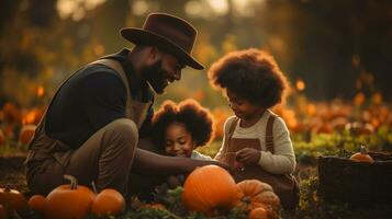 africano famiglia raccoglie zucche nel il i campi nel preparazione per Halloween. contento nero famiglia padre e Due bambini ridendo su un' luminosa soleggiato giorno. foto