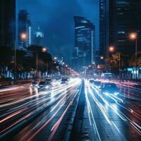 occupato notte traffico su illuminato città strade foto