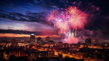 spettacolare fuochi d'artificio Schermo al di sopra di centro edifici foto