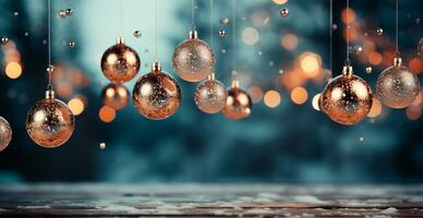 panoramico Natale sfondo, leggero nuovo anno palle su un' sfocato sfondo - ai generato Immagine foto