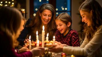contento esteso ebraico famiglia festeggiare hanukkah mentre raccolta a cenare tavolo, lume di candela quello brilla brillantemente, generativo ai illustrazione foto