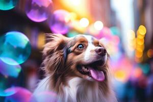 avvicinamento di carino cane con bellissimo bokeh sfondo, generativo ai illustrazione foto