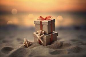 regalo scatole su il spiaggia sabbia, Natale concetto. generativo ai foto