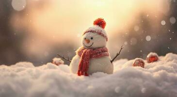 pupazzo di neve nel cappello e sciarpa, Natale concetto, bokeh sfondo. generativo ai foto