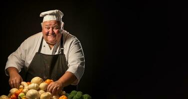 un' tubby manager chopping fresco verdure isolato su un' pendenza sfondo foto