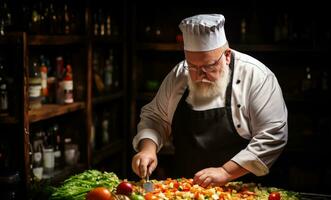 obeso manager chopping verdure per insalata sfondo con vuoto spazio per testo foto