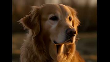 vicino su bellissimo bionda d'oro cane da riporto cane sedersi, guardare e fissando a qualcosa con natura sfondo. ai generato foto