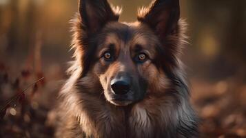 vicino su Marrone nero vecchio Tedesco pastore cane In piedi, sguardo fisso e Guarda a il telecamera, cane guardia, giocando nel il natura. ai generato foto