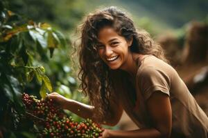 contento giovane brasiliano villaggio donna raccolta caffè contro caffè sfondo ai generato foto