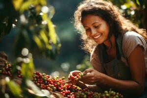 contento giovane brasiliano villaggio donna raccolta caffè contro caffè sfondo ai generato foto