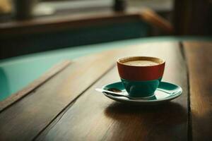 tazza di coffe su di legno tavolo. ai generativo professionista foto