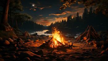 ardente fuoco di bivacco si illumina tranquillo foresta paesaggio, raggiante nel il buio generato di ai foto