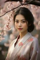 giovane giapponese donna nel un' sakura giardino ai generativo foto