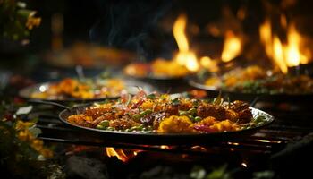 grigliato carne, barbecue, buongustaio pasto, carbone bruciando, salutare mangiare generato di ai foto