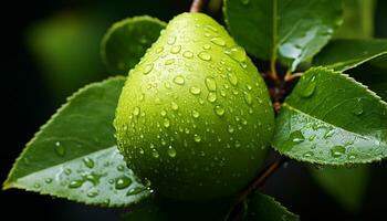 freschezza di natura bellezza, verde le foglie luccicare con Guazza generato di ai foto