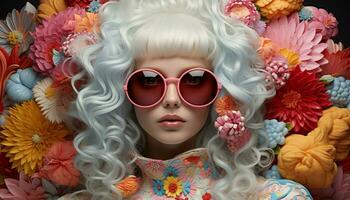 alla moda donna con occhiali da sole e fiore nel sua capelli, guardare elegante generato di ai foto