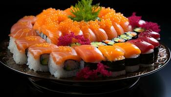 freschezza su un' piatto frutti di mare, Sushi, culture, e salutare mangiare generato di ai foto