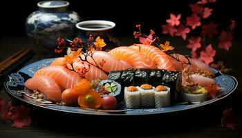 freschezza di frutti di mare, Sushi variazioni, salutare mangiare, giapponese cultura visualizzato generato di ai foto