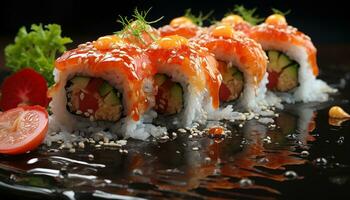 freschezza lanciato su su un' piatto, maki Sushi, salutare mangiare generato di ai foto