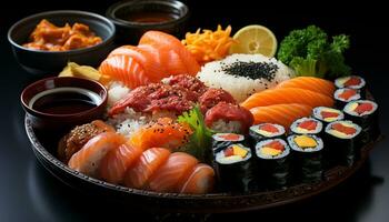 freschezza su piatto frutti di mare, pesce, sashimi, nigiri, maki Sushi generato di ai foto