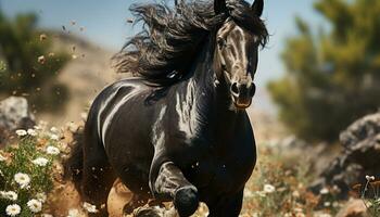 in esecuzione stallone nel un' prato, in mostra il bellezza di natura generato di ai foto