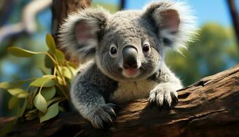 carino koala seduta su eucalipto albero, guardare a telecamera generato di ai foto