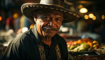 sorridente uomo, mercato venditore, vendita frutta, guardare a telecamera generato di ai foto