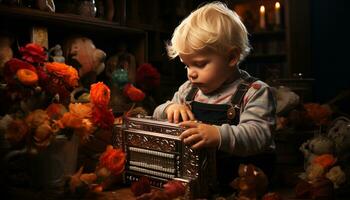 carino caucasico bambino giocando con giocattolo, circondato di natura bellezza generato di ai foto