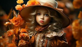 carino caucasico ragazza sorridente, guardare a telecamera, circondato di autunno natura generato di ai foto