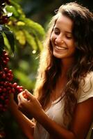 contento giovane brasiliano villaggio donna raccolta caffè contro caffè sfondo ai generato foto
