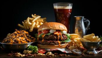 hamburger, patatine fritte formaggio cipolla, pane, Coca Cola generato di ai foto