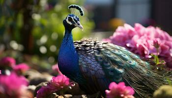 maestoso pavone viene visualizzato vivace colori nel natura elegante bellezza generato di ai foto