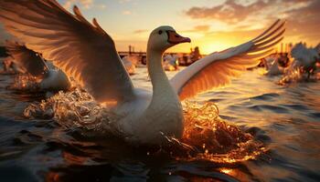 cigno volante al di sopra di acqua, riflettendo bellezza nel natura tranquillo scena generato di ai foto