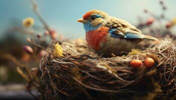 carino uccello perching su ramo, circondato di vivace naturale bellezza generato di ai foto