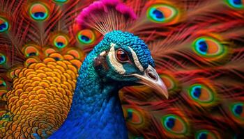 vivace pavone, natura eleganza, bellezza nel animale vivace colori generato di ai foto