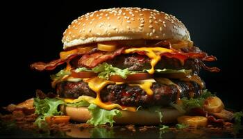 grigliato buongustaio Manzo hamburger con formaggio, pomodoro, e cipolla generato di ai foto