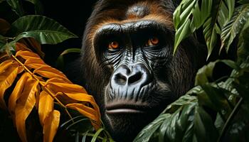 primate ritratto carino orangutan fissando, verde foresta, amazon forza generato di ai foto